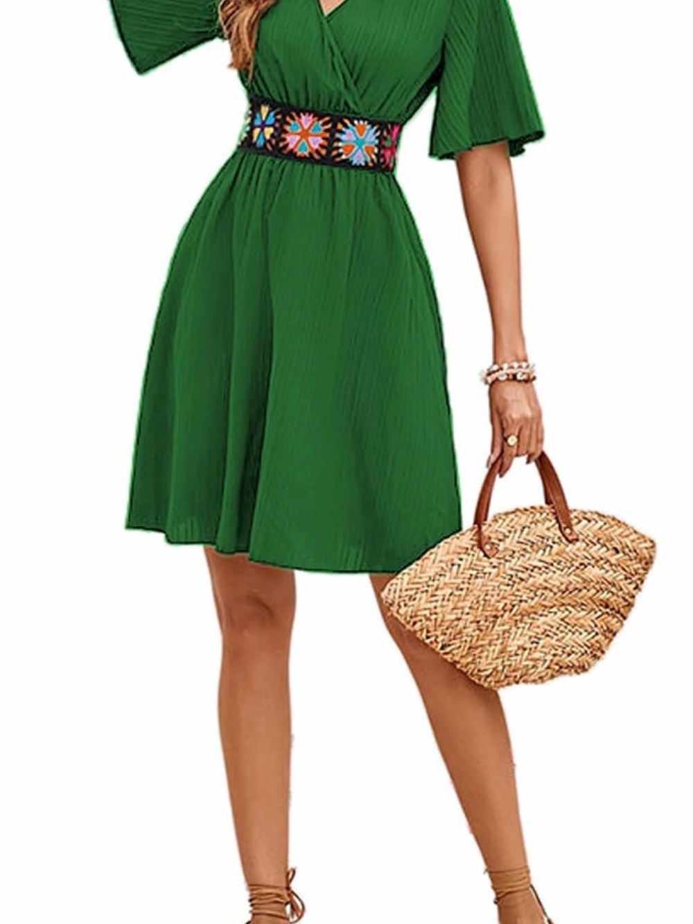 TDiooCor Green V-Neck Midi Dress with Embroidered Waistband NWT Size Large - Picture 2 of 9